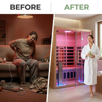 Full Spectrum Infrared Sauna，1-2 Person Home Sauna，Wooden Canadian Hemlock Indoor Spa Sauna with Resonance Speaker, Panoramic Tempered Glass Door — Before & After