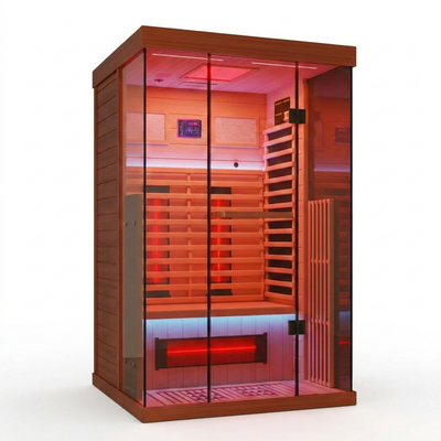 Full Spectrum Infrared Sauna，1-2 Person Home Sauna，Wooden Canadian Hemlock Indoor Spa Sauna with Resonance Speaker, Panoramic Tempered Glass Door