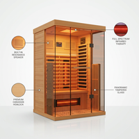 Full Spectrum Infrared Sauna，1-2 Person Home Sauna，Wooden Canadian Hemlock Indoor Spa Sauna with Resonance Speaker, Panoramic Tempered Glass Door — infographic