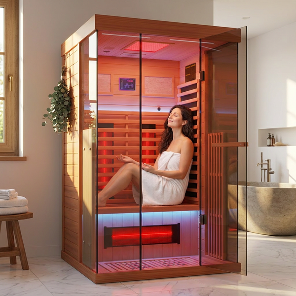 Full Spectrum Infrared Sauna，1-2 Person Home Sauna，Wooden Canadian Hemlock Indoor Spa Sauna with Resonance Speaker, Panoramic Tempered Glass Door